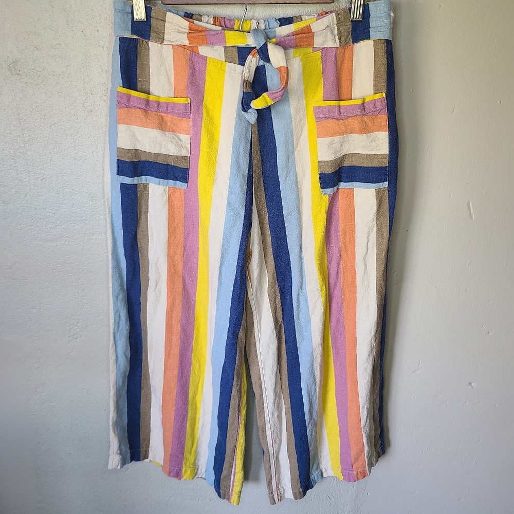 Sage and Citrus Linen Blend Multicolor Stripe Beach Pants
